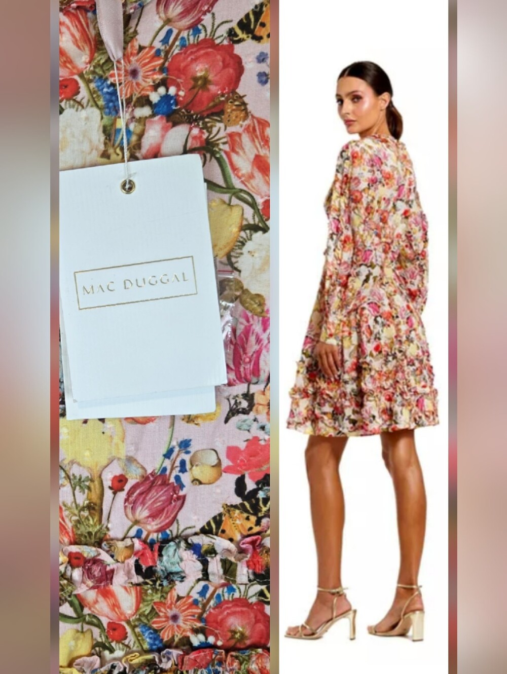 NWT Mac Duggal Romantic Pink Floral Ruffle Long Sleeve Dress 100% Cotton Sz 10
